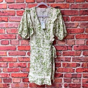 Green and White Floral Print Adelyn Rae Ruffled V-Neck Wrap Mini Dress